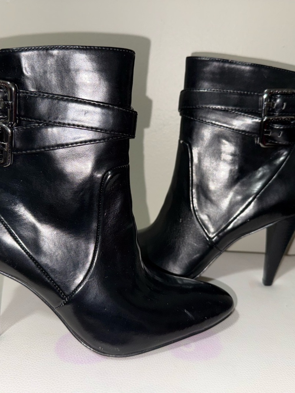 Calvin Klein Black Leather Pointed-Toe Ankle Booties with Buckle Strap